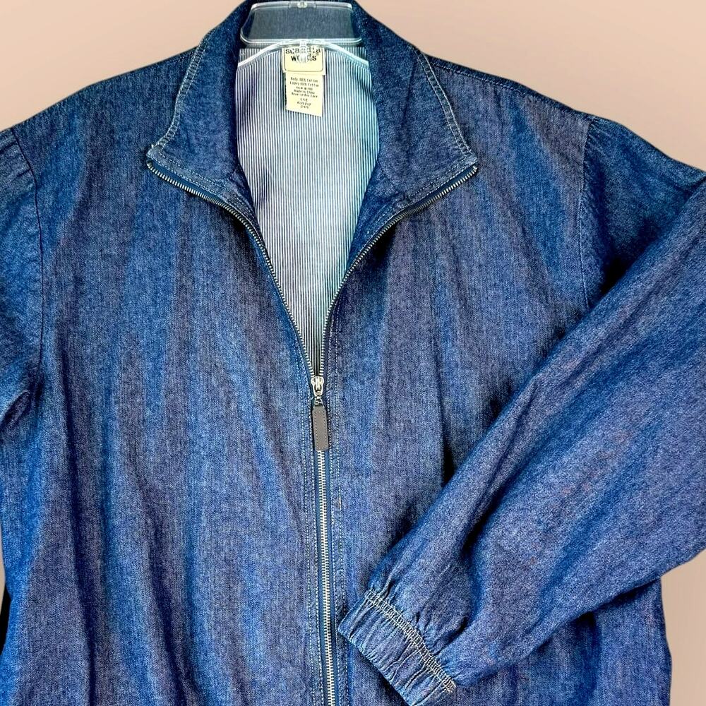 Scandia Woods Vintage 90s Mens L Full Zip Blue Denim Bomber Jacket Oversized - Picture 3 of 11